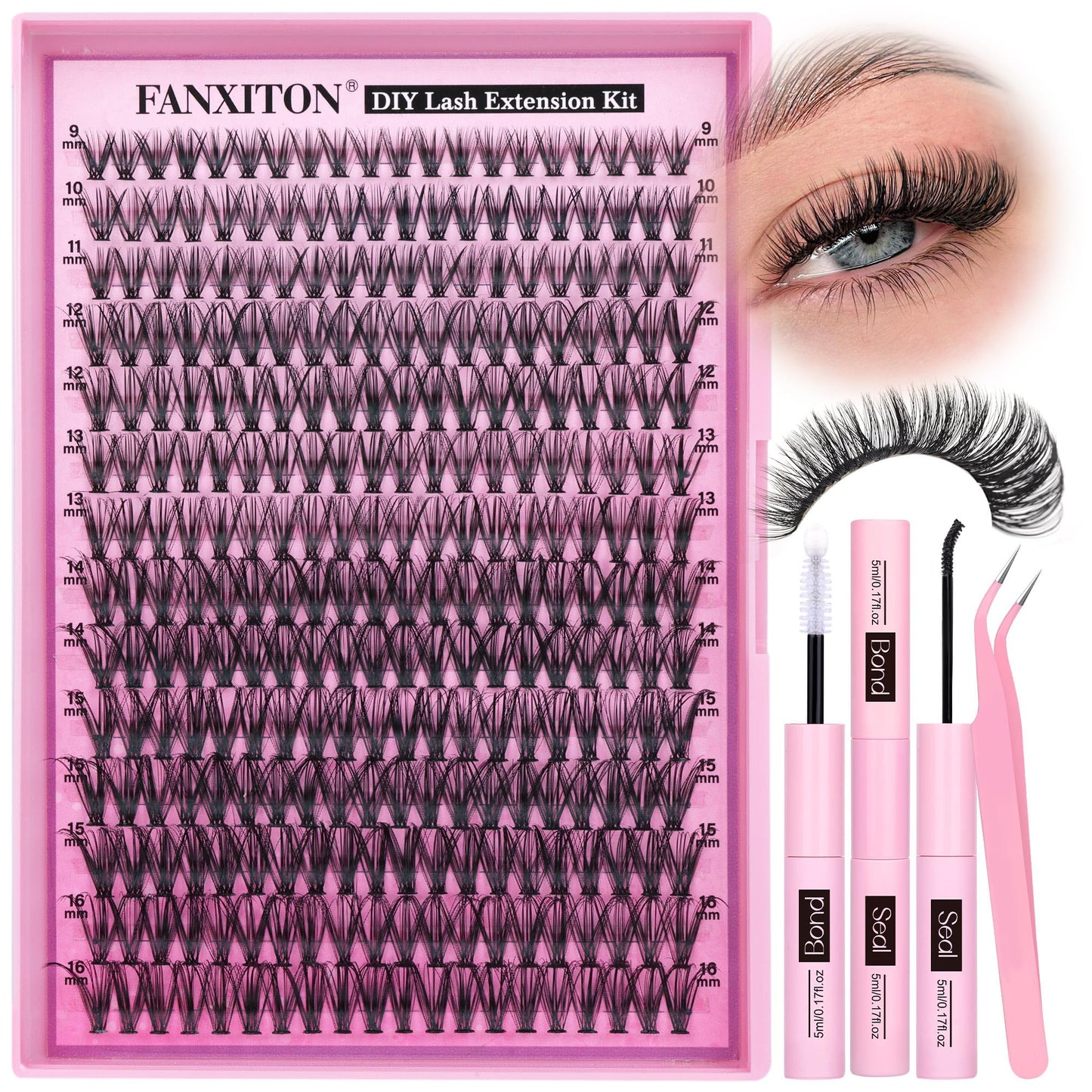 FANXITON DIY Lash Extension Kit 30D D Individual Lashes Lash Clusters Kit Cluster Lashes Lash Bond and Seal and Lash Tweezers for Lash Clusters Kit DIY at Home