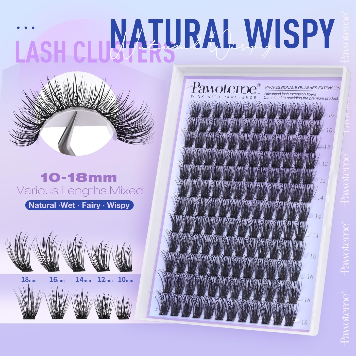 Pawotence Lash Clusters Fairy Eyelash Clusters 10-18mm Wispy Lashes Cluster Eyelash Extensions 144pcs Wet Individual Cluster Lashes Full False Eyelashes for DIY Lash Extension