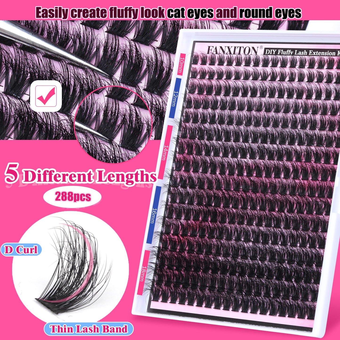 FANXITON DIY Lash Extension Kit Full Lash Clusters 288 pcs Thick Lash Clusters Kit D 10-18 mm Cluster Eyelash Extension Kit with Lash Bond and Seal Lash Tweezers Individual Lashes For Beginners