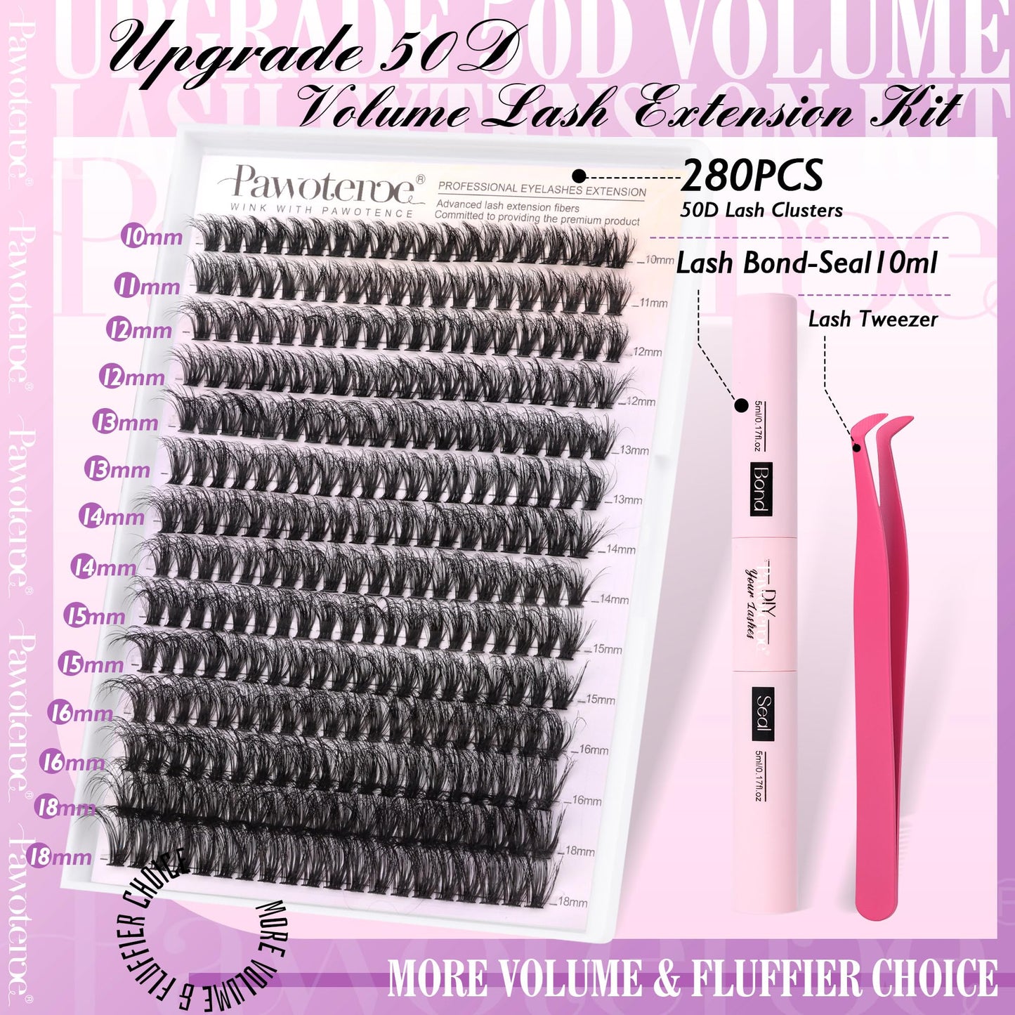 Pawotence Lash Extension Kit DIY Individual Lash Clusters Kit Full 50D with Lash Bond and Seal and Lash Applicator, 9-16mm Clusters Eyelash Extension Kit at Home (Full 50D, 9-16mm, Kit)