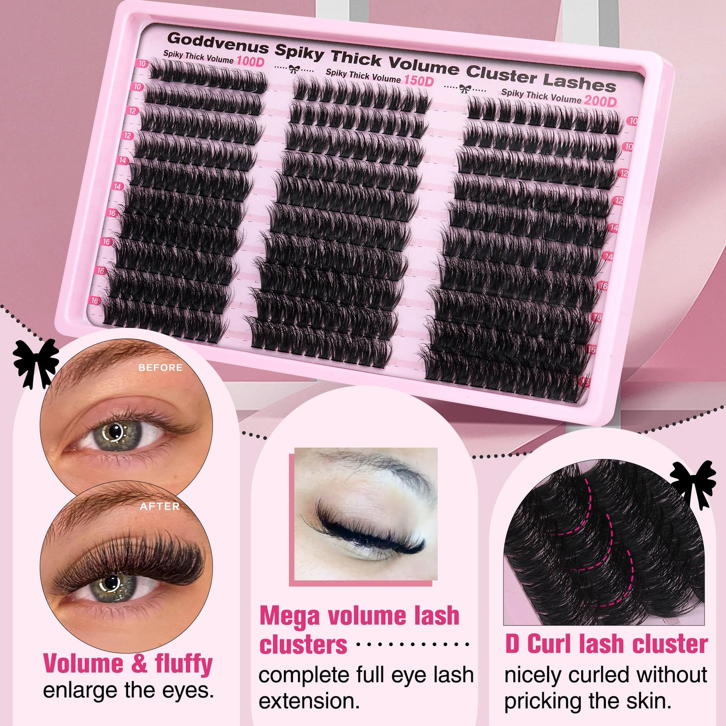 Goddvenus Fluffy Lash Clusters 100-150-200D Volume Eyelash Clusters 10-16mm Wispy Individual Lashes D Curl Cluster Eyelash Extensions 300pcs DIY Lash Extensions(D Curl 300pcs)