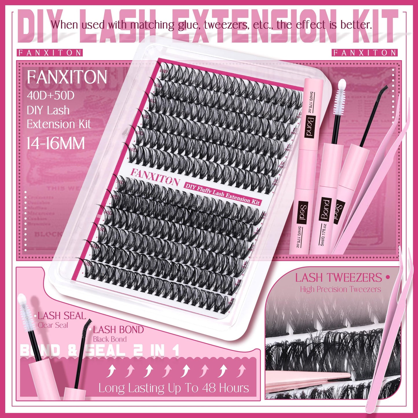 Cluster Lashes 240 pcs Wispy Lash Clusters D Natural Eyelashes Extensions 14-16mm Mix 40D+50D Individual Lashes with Lash Bond and Seal Tweezers Thin Band Eyelashes Cluster for DIY Lash Extension