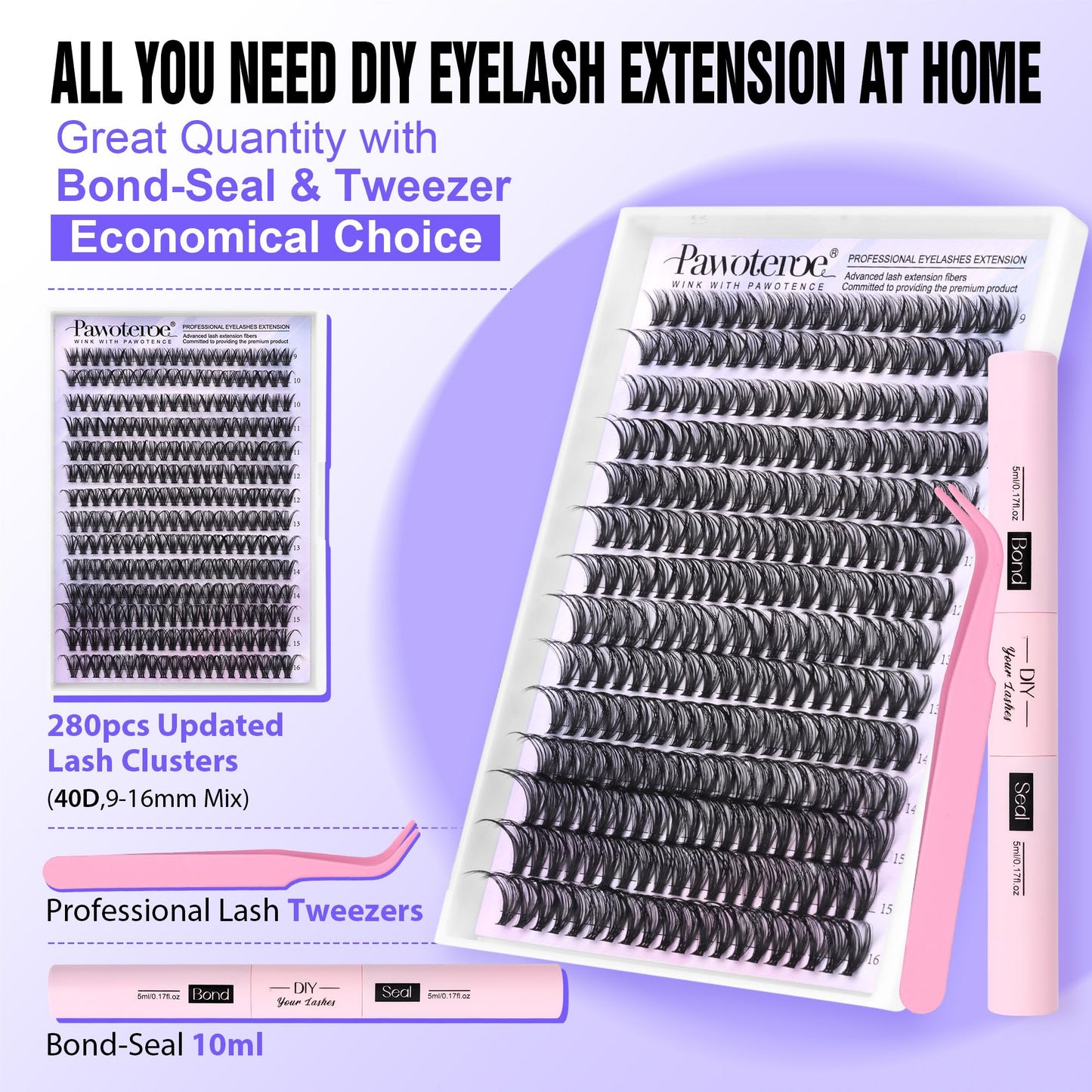 Pawotence Lash Clusters Kit 40D Individual Lashes Extension Kit DIY 280pcs 9-16mm Cluster Eyelash Extension Kit with Lash Bond and Seal, Lash Tweezers for Self Use (40D, 0.07D, 9-16mm, Kit)
