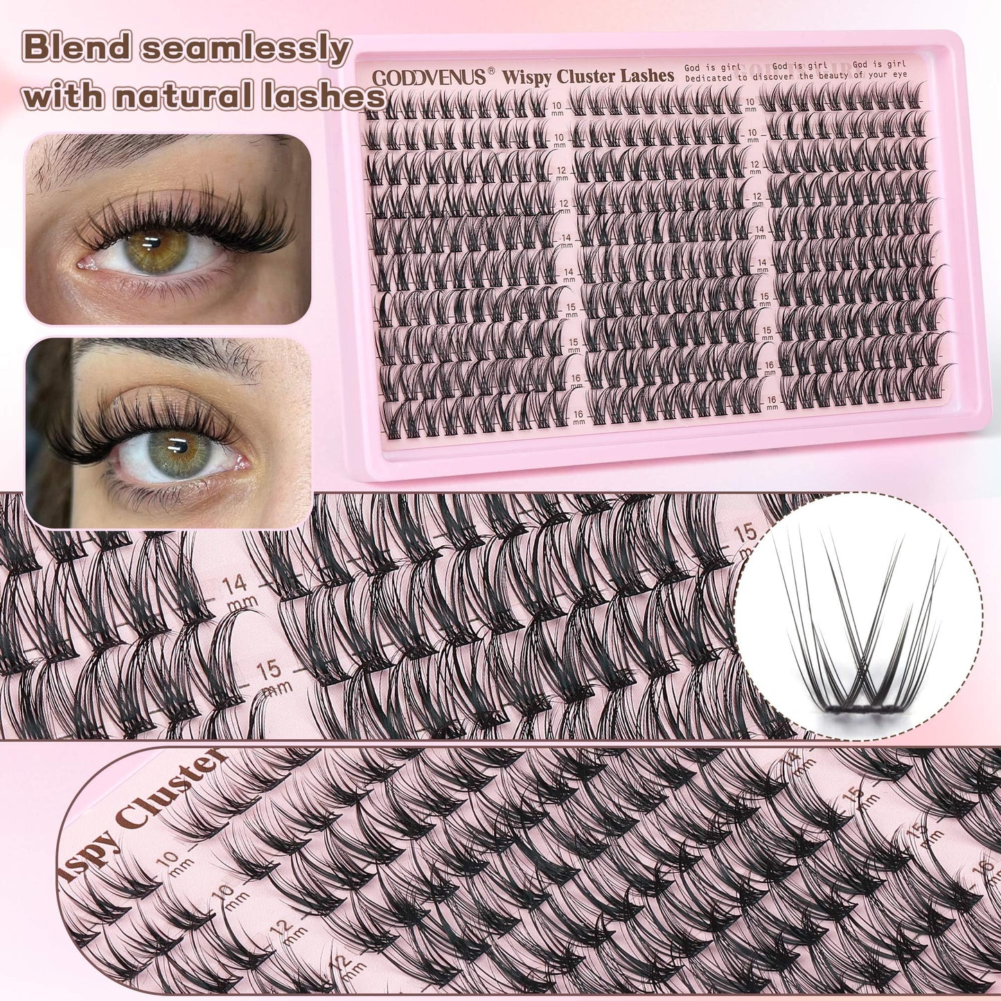 Goddvenus Lash Clusters Kit Wispy Eyelash Clusters Lashes Natural DIY Lash Extension Kit 10-16mm Cluster Eyelash Extensions Kit 300pcs C Curl Individual Lashes Cluster Eyelash (With Tweezers)