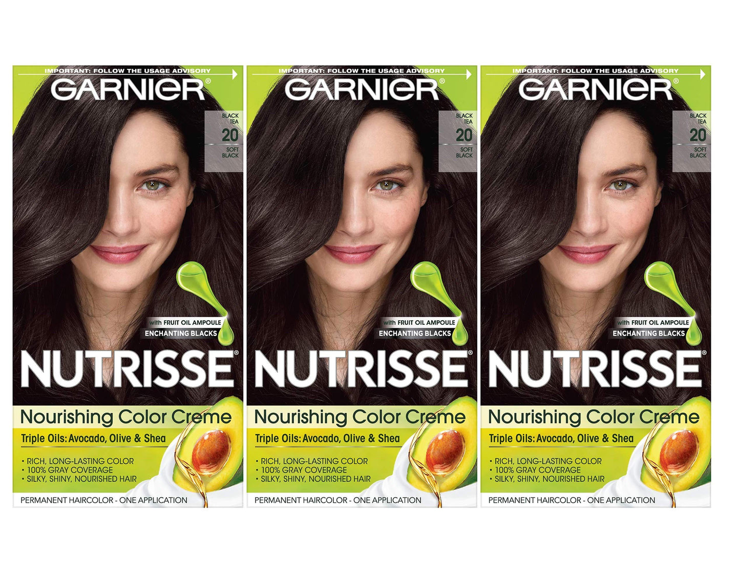 Garnier Nutrisse Nourishing Color Creme, 20 Soft Black (Black Tea), 3-Pack (Packaging May Vary)