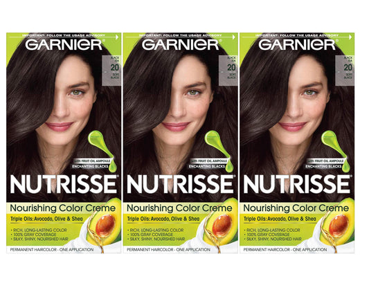 Garnier Nutrisse Nourishing Color Creme, 20 Soft Black (Black Tea), 3-Pack (Packaging May Vary)