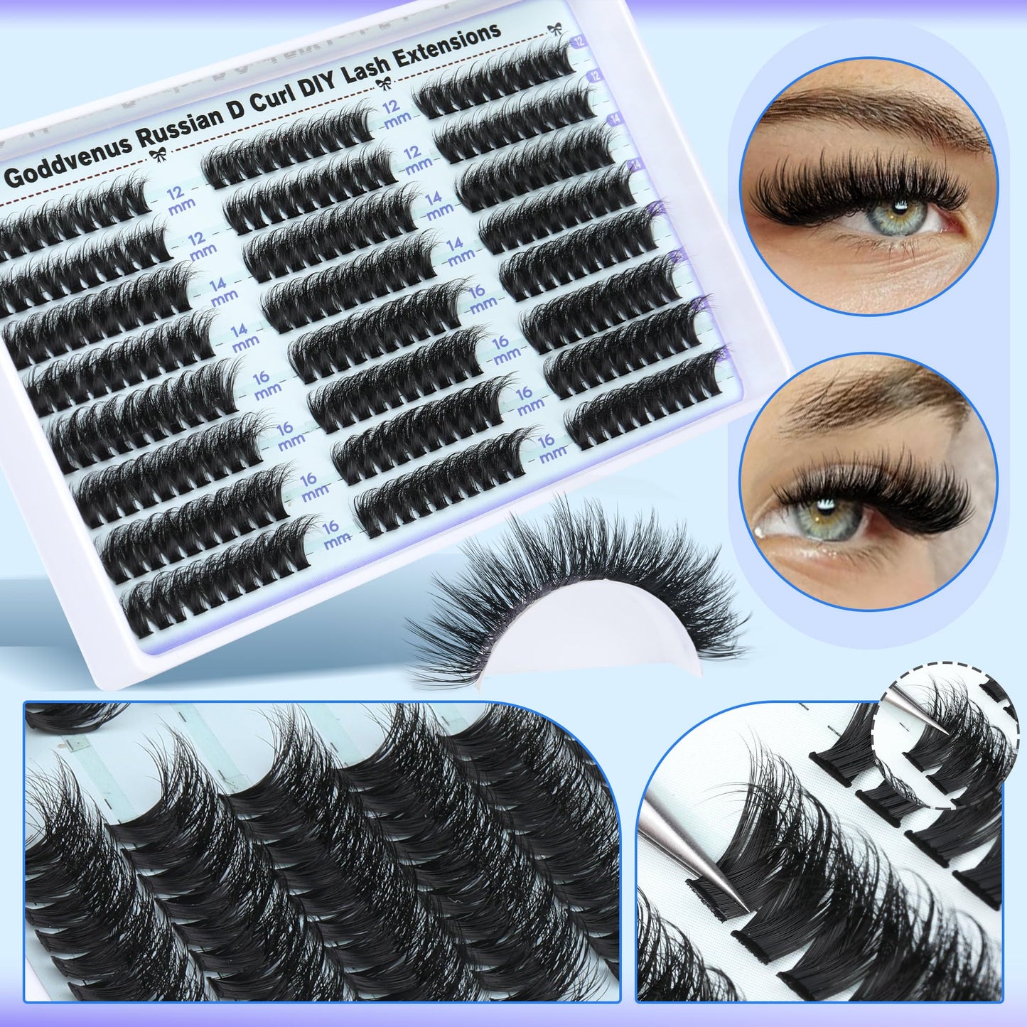 Goddvenus Lash Clusters Kit Wispy Lashes clusters Natural Fluffy Eyelashes Clusters 12mm 14mm 16mm Mixed Cluster Eyelash Extensions Kit D Curl DIY Individual Lashes Kit with Bond and Seal Lash Glue