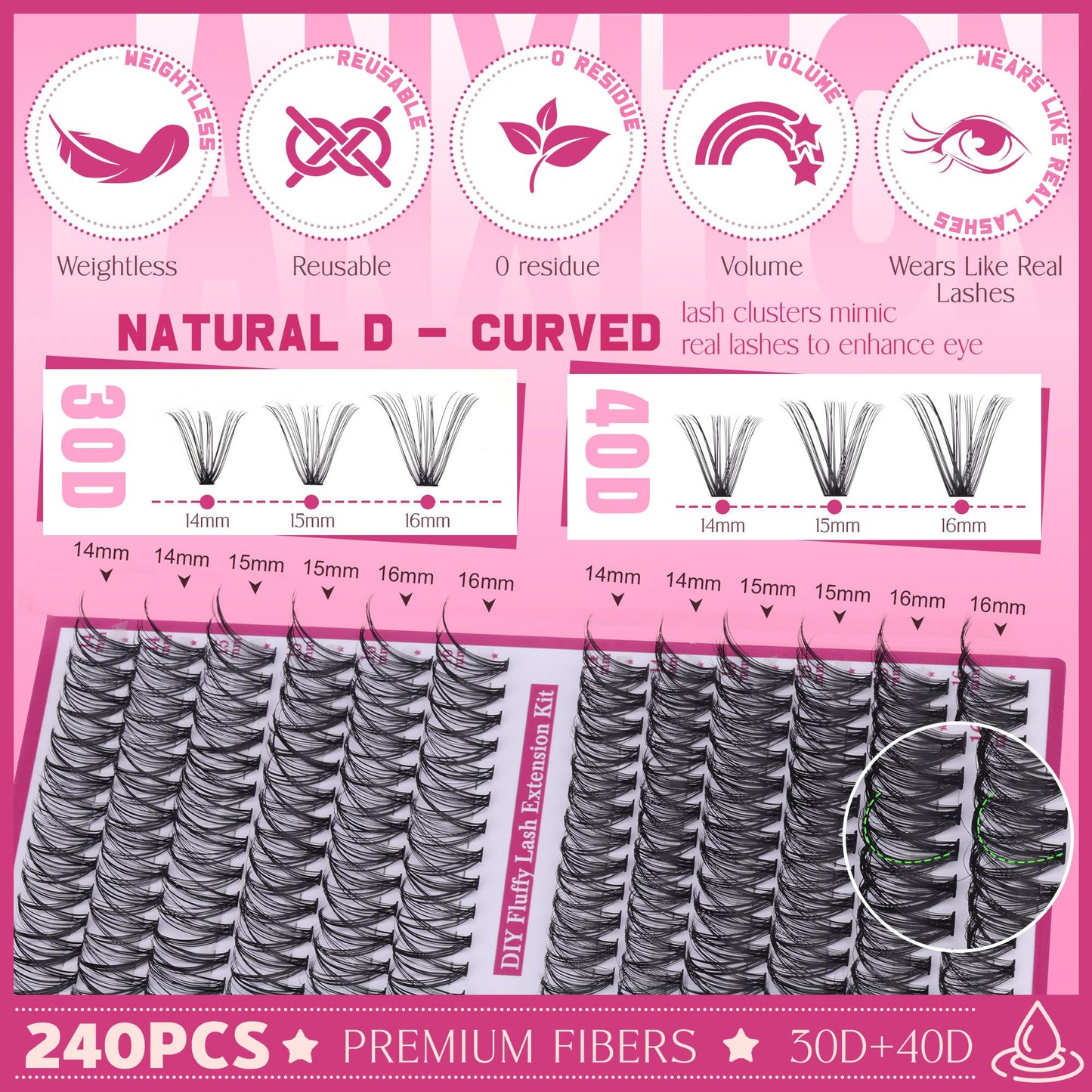 Cluster Lashes 240 pcs Wispy Lash Clusters D Natural Eyelashes Extensions 14-16mm Mix 30D+40D Individual Lashes Thin Band Lash Bond and Seal Tweezers for DIY Lash Extension Beginners