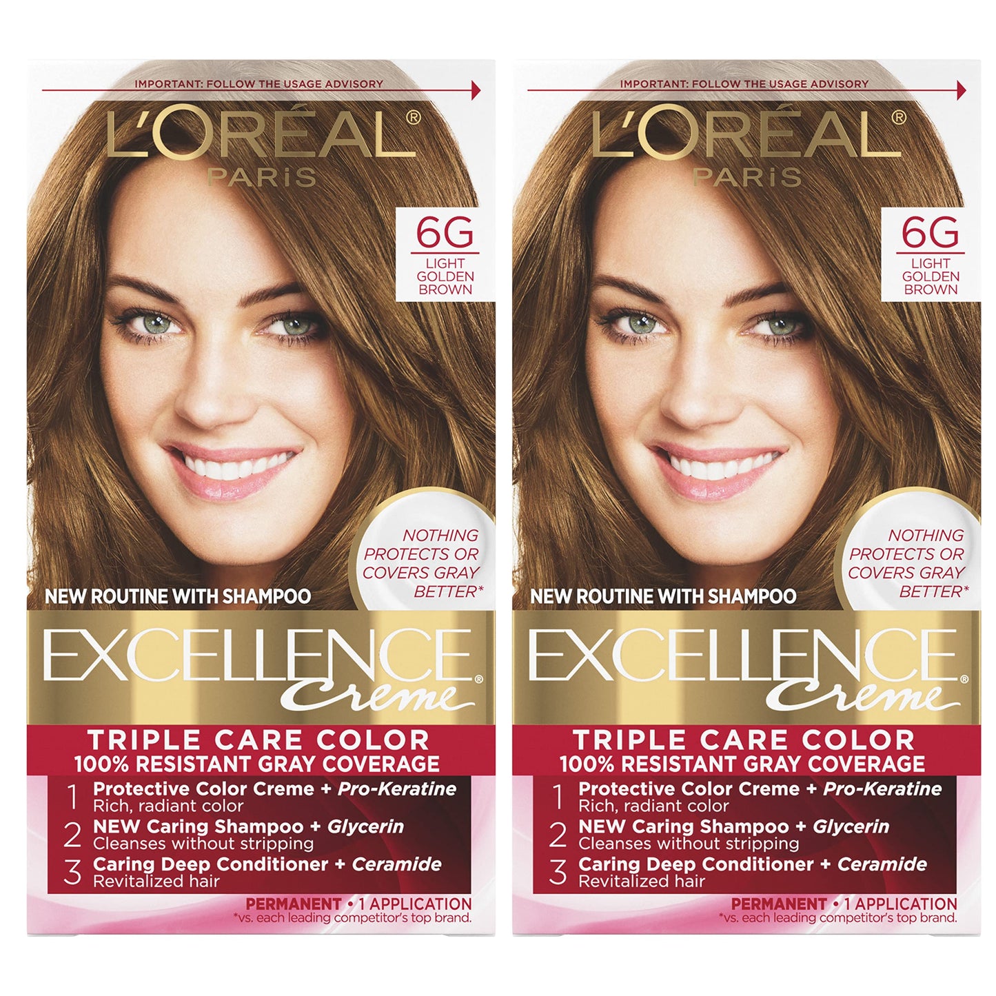 L'Oral Paris Excellence Crme Permanent Hair Color, 6G Light Golden Brown, 100% Gray Coverage Hair Dye, Pack of 2