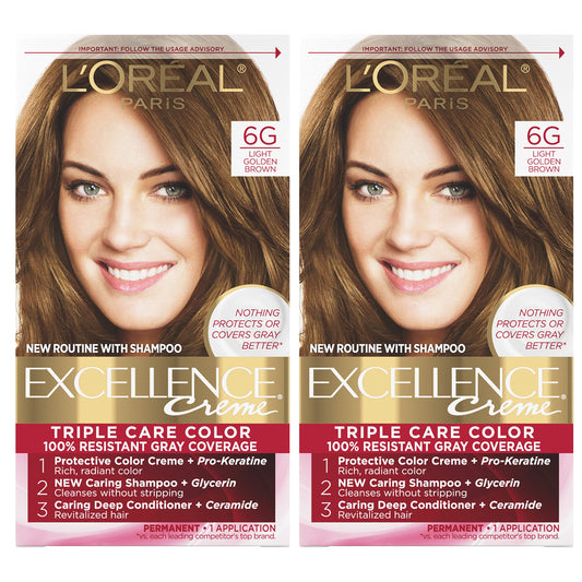 L'Oral Paris Excellence Crme Permanent Hair Color, 6G Light Golden Brown, 100% Gray Coverage Hair Dye, Pack of 2