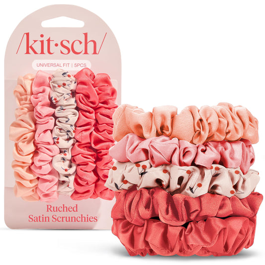 Kitsch Satin Scrunchies for Women - No Crease Hair Ties for Girls | Scrunchies For All Hair Types and Textures, Perfect for Day or Night - Assorted Cherry Blossom, 5pcs