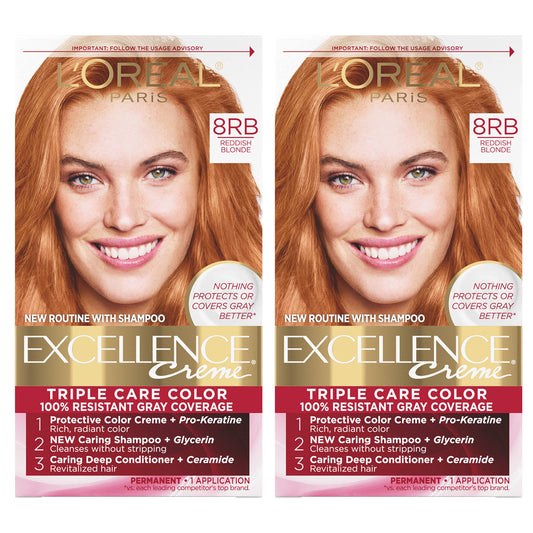 L'Oreal Paris Excellence Creme Permanent Hair Color, 8RB Medium Reddish Blonde, 100 percent Gray Coverage Hair Dye, Pack of 2