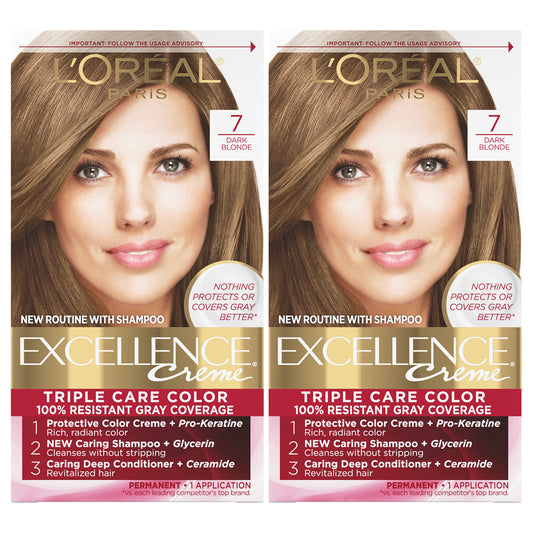 L'Oreal Paris Excellence Creme Permanent Hair Color, 7 Dark Blonde, 100 percent Gray Coverage Hair Dye, Pack of 2