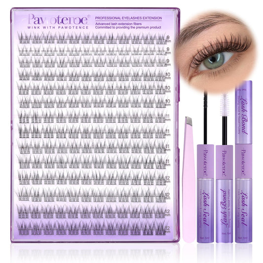 Pawotence Lash Extension Kit Wispy Lash Clusters Kit 9-12mm Natural Individual Lashes Kit 168pcs Cluster Eyelash Extension Kit with Lash Bond and Seal, Lash Applicator for Self Use