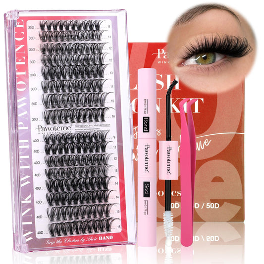 Pawotence Lash Extension Kit Individual Lash Clusters Kit 9-16mm 30D 40D Cluster Eyelash Extensions Kit with Lash Bond and Seal, Lash Tweezers for Self Use (30D&40D, 0.07D, 9-16mm, Portable Kit)