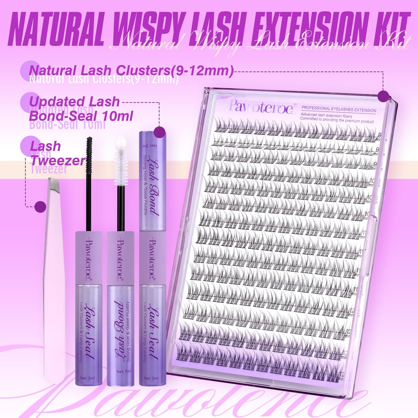 Pawotence Lash Extension Kit Wispy Lash Clusters Kit 9-12mm Natural Individual Lashes Kit 168pcs Cluster Eyelash Extension Kit with Lash Bond and Seal, Lash Applicator for Self Use