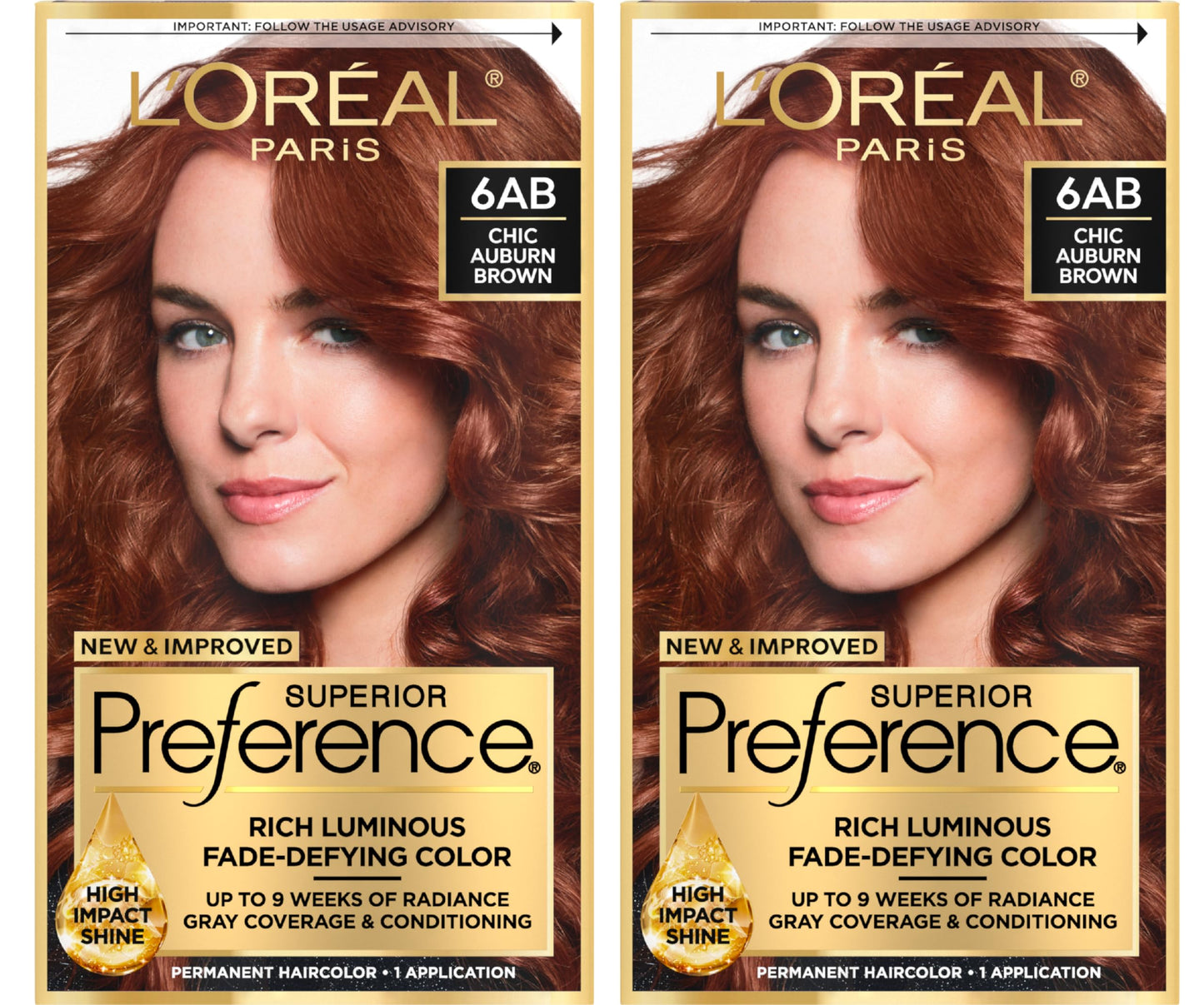 L'Oreal Paris Superior Preference Luminous Fade-Defying Permanent Hair Color, Hair Dye For Up to 9 Weeks of Radiance, Chic Auburn Brown 6AB, 1 Hair Dye Kit (Pack of 2)