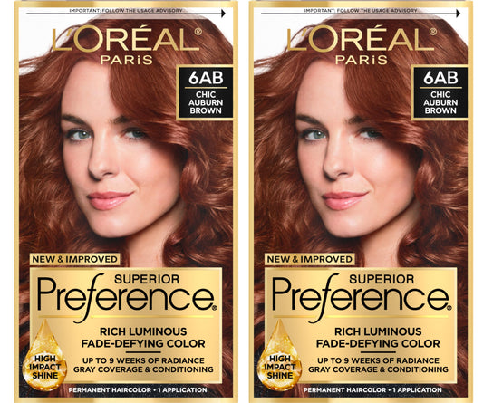 L'Oreal Paris Superior Preference Luminous Fade-Defying Permanent Hair Color, Hair Dye For Up to 9 Weeks of Radiance, Chic Auburn Brown 6AB, 1 Hair Dye Kit (Pack of 2)