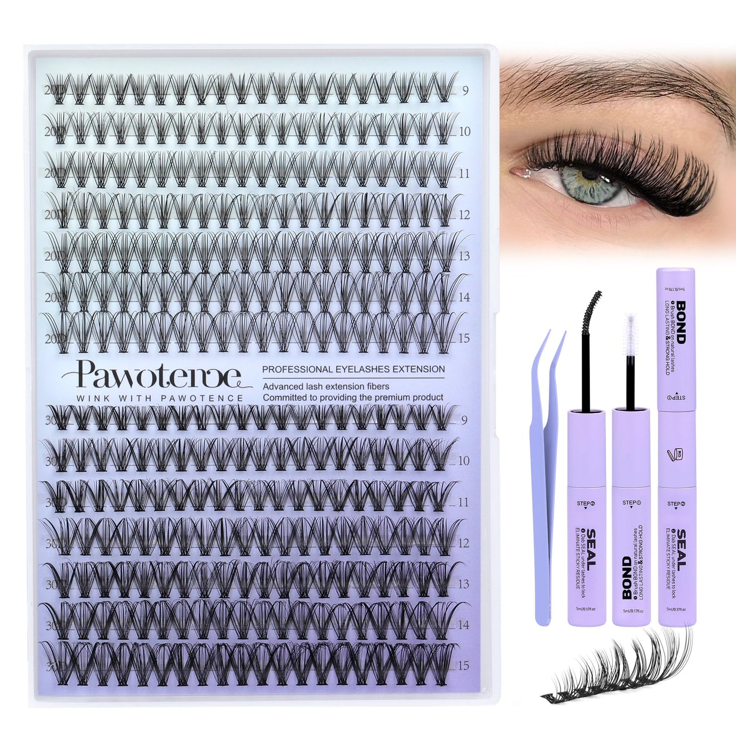 Pawotence Lash Extension Kit DIY 280pcs Individual Lash Clusters Kit 20D&30D Natural 9-15mm Cluster Eyelash Extensions Kit with Lash Bond and Seal, Tweezers for Self Use (20D&30D, 0.07D, 9-15mm, Kit)