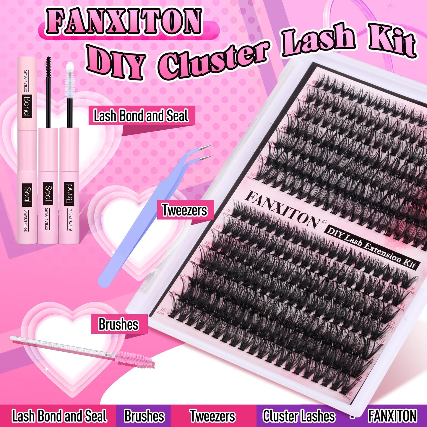 FANXITON DIY Lash Extension Kit Volume Lash Clusters 40D+50D D Curvature Individual Lashes Lash Clusters Kit Thick Eyelash Extension Kit 280 pcs Thin Band Cluster Lashes Lash Bond and Seal Tweezers