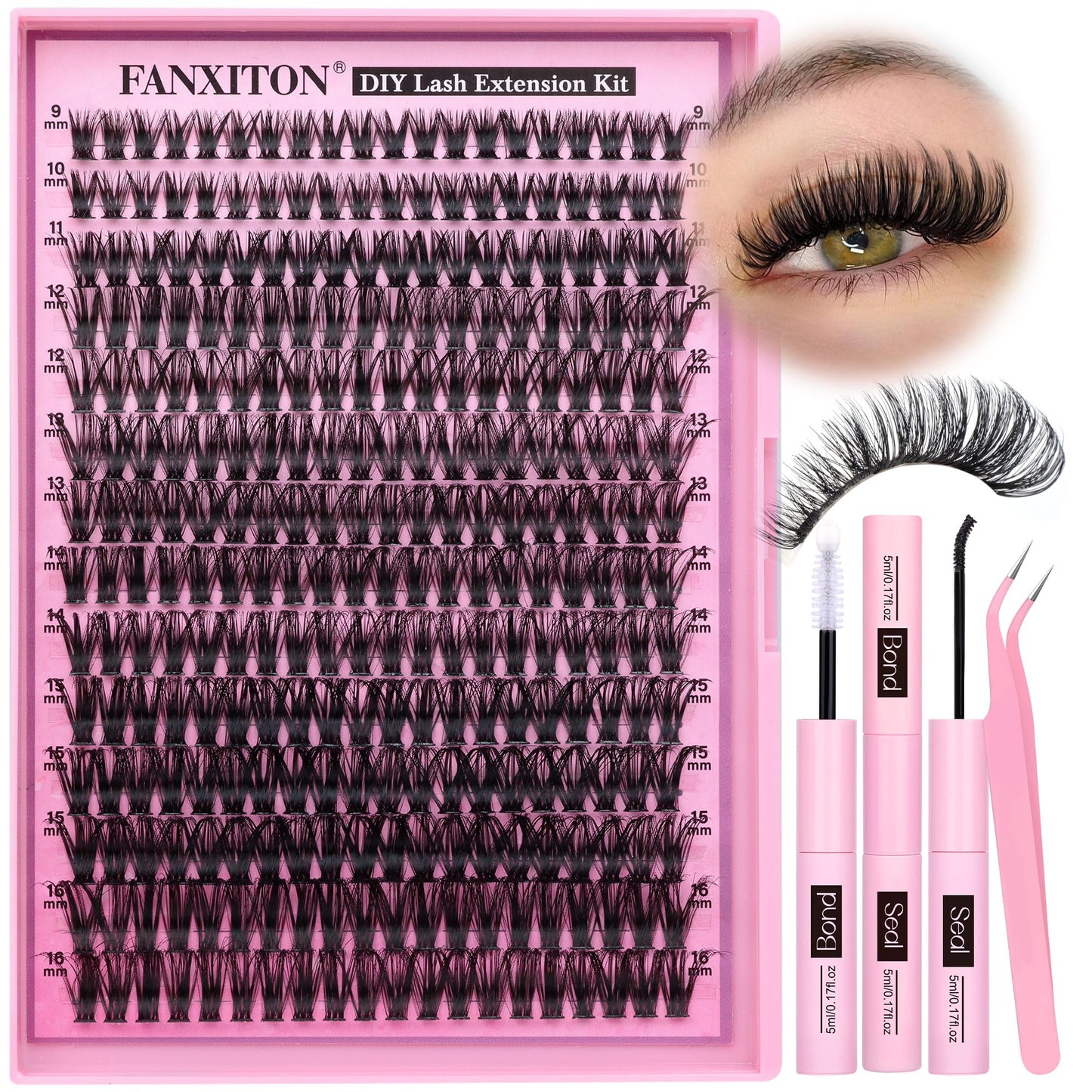 FANXITON DIY Lash Extension Kit 50D D Individual Lashes Lash Clusters Kit Cluster Lashes Lash Bond and Seal and Lash Tweezers for Lash Clusters Kit DIY at Home