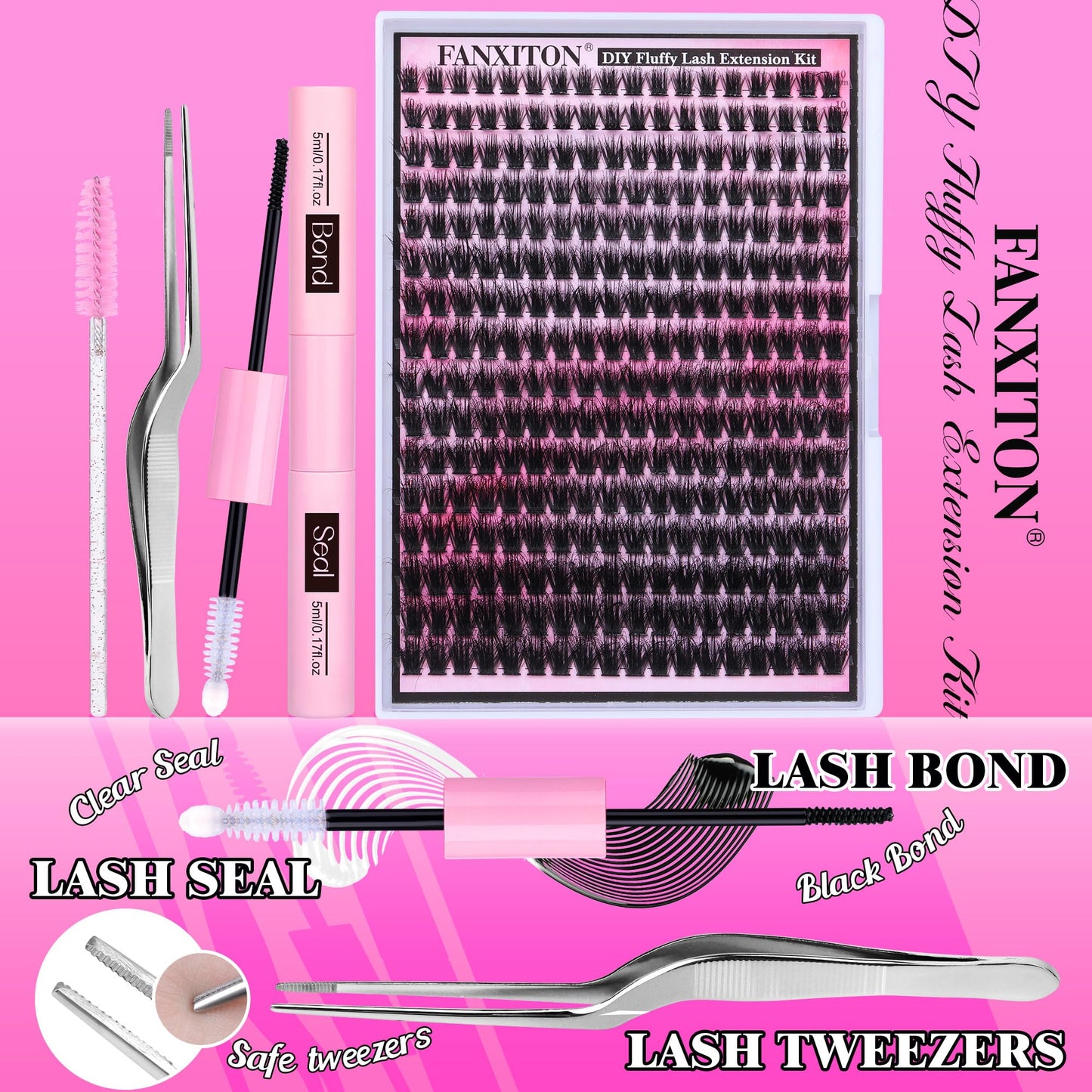 FANXITON DIY Lash Extension Kit Full Lash Clusters 288 pcs Thick Lash Clusters Kit D 10-18 mm Cluster Eyelash Extension Kit with Lash Bond and Seal Lash Tweezers Individual Lashes For Beginners