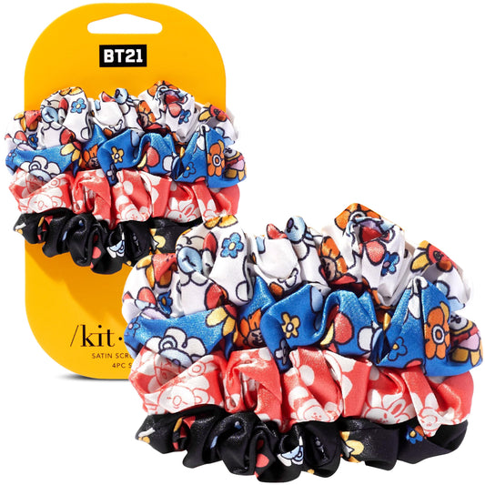 Kitsch x BT21 Satin Scrunchies for Women - No Crease Hair Ties for Girls | Scrunchies For All Hair Types and Textures, Perfect for Day or Night - 4 Pcs