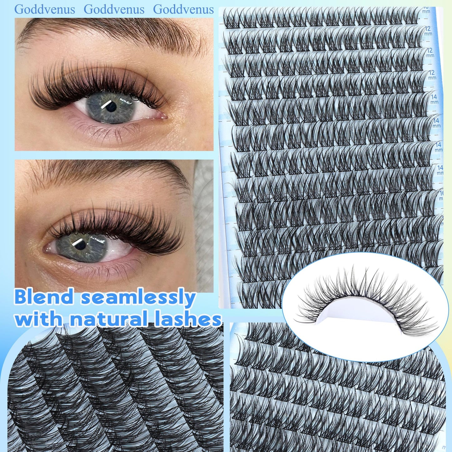 Goddvenus Wispy Lash Clusters Natural Lashes Clusters Wispy Eyelash Clusters CD Curl Cluster Eyelash Extensions DIY Individual Lashes Invisible Band Lash Extension Fluffy Eyelashes Clusters