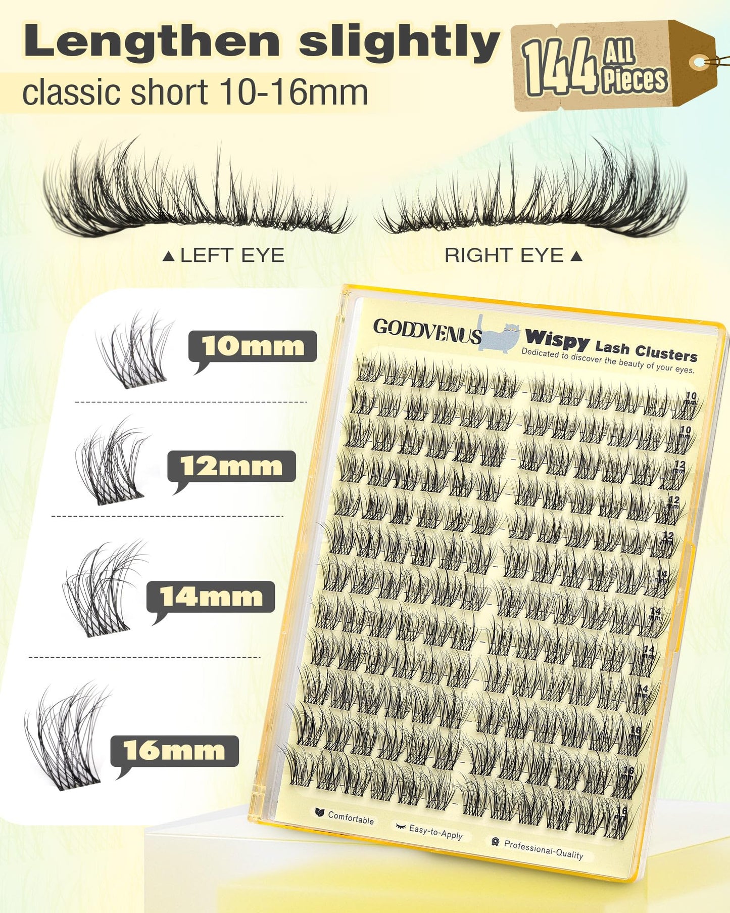 Goddvenus Wispy Lash Clusters Natural Fluffy Cluster Eyelash Extensions 144Pcs Individual Lashes Clusters 10-16mm Eyelashes Clusters for DIY Lash Extensions Weightless & Soft Cluster Eyelashes
