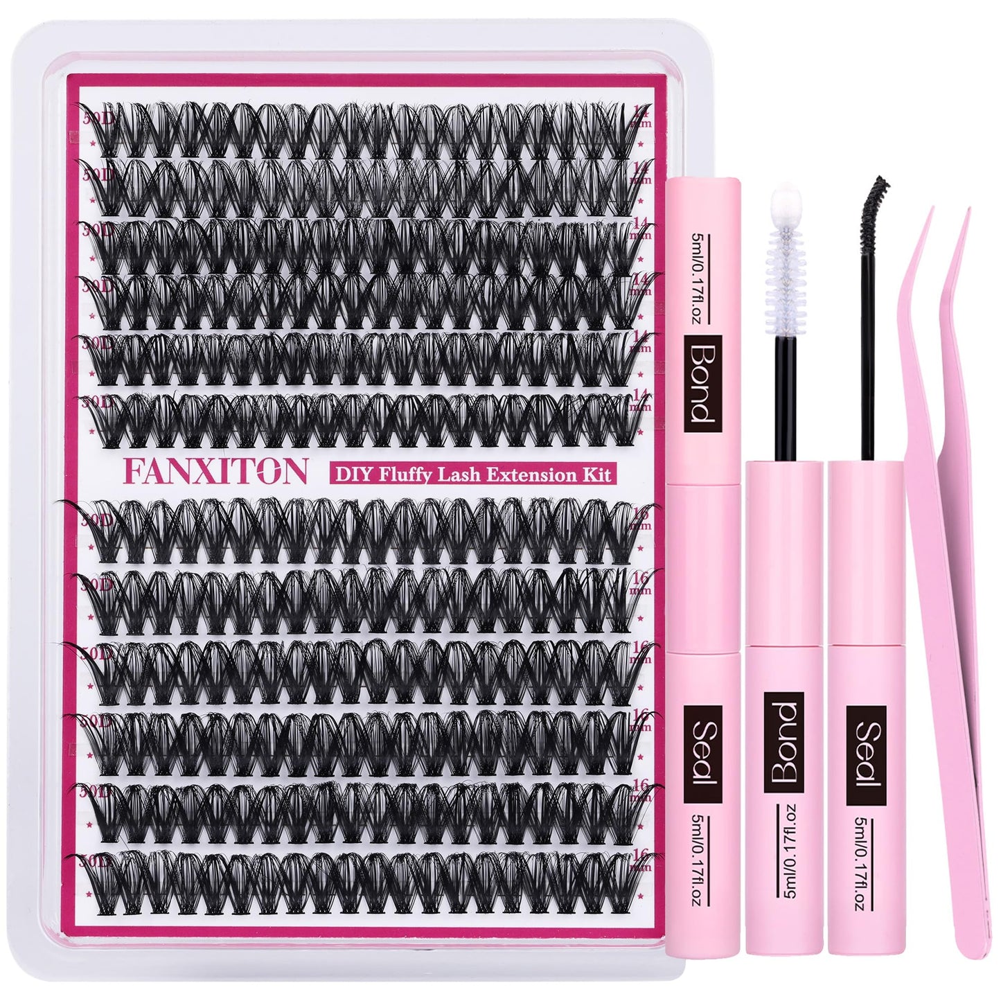 FANXITON Cluster Lashes 50D Lash Clusters D Natural Eyelashes Extensions 14-16mm Mix Individual Lashes Thin Band Lash Bond and Seal Tweezers Eyelashes Cluster for DIY Lash Extension