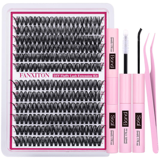FANXITON Cluster Lashes 50D Lash Clusters D Natural Eyelashes Extensions 14-16mm Mix Individual Lashes Thin Band Lash Bond and Seal Tweezers Eyelashes Cluster for DIY Lash Extension