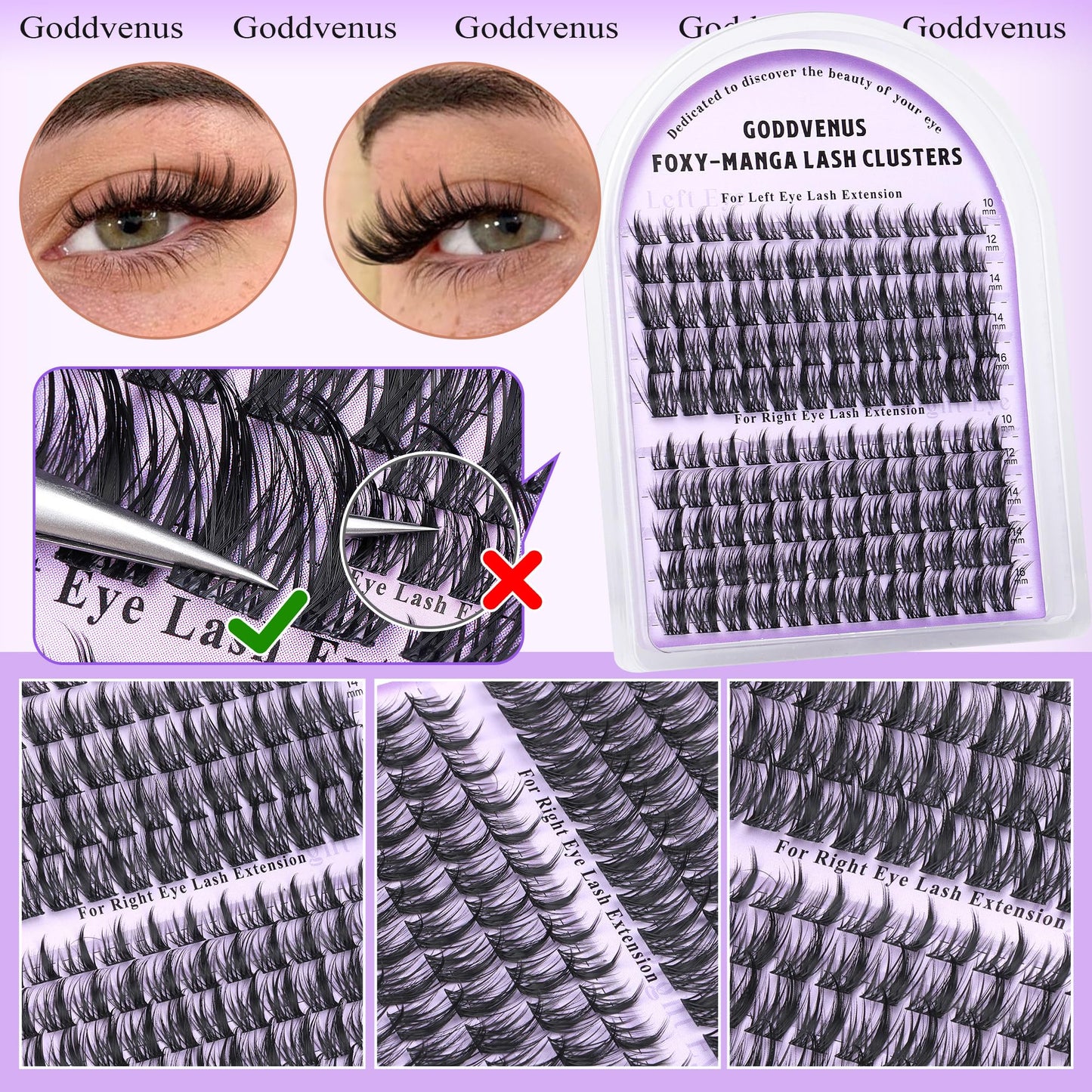 Goddvenus Manga Lash Cluster Kit Wispy Lashes Clusters Fluffy Eyelash Clusters Upturned Foxy Cluster Eyelash Extensions Kit D Curl Fairy Eyelash Extension Kit 10-16mm Individual Lashes Kit