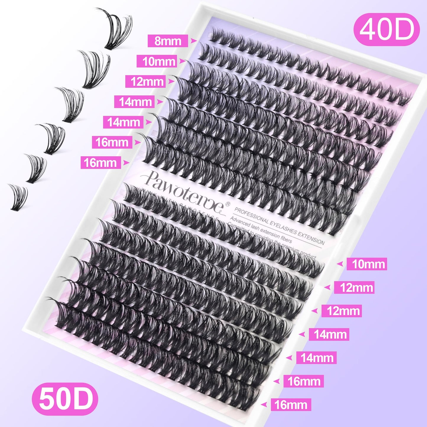 Pawotence Lash Extension Kit Individual Lash Clusters Kit 40D 50D Eyelash Extension Kit 8-16mm Eyelash Clusters with Lash Bond and Seal, Lash Tweezers for Beginners (40D&50D, 0.07D, 8-16mm, Kit)