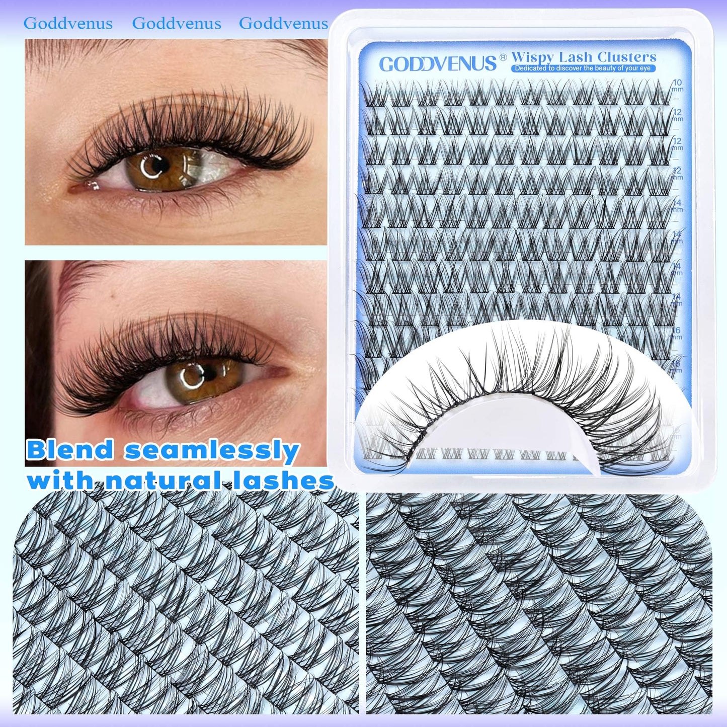 Goddvenus Wispy Lash Clusters 10-16mm Lashes Clusters Eyelash Extensions Natural Individual Lashes 144pcs D Curl Lash Extension DIY Soft Comfortable Eyelash Clusters with Cotton Band