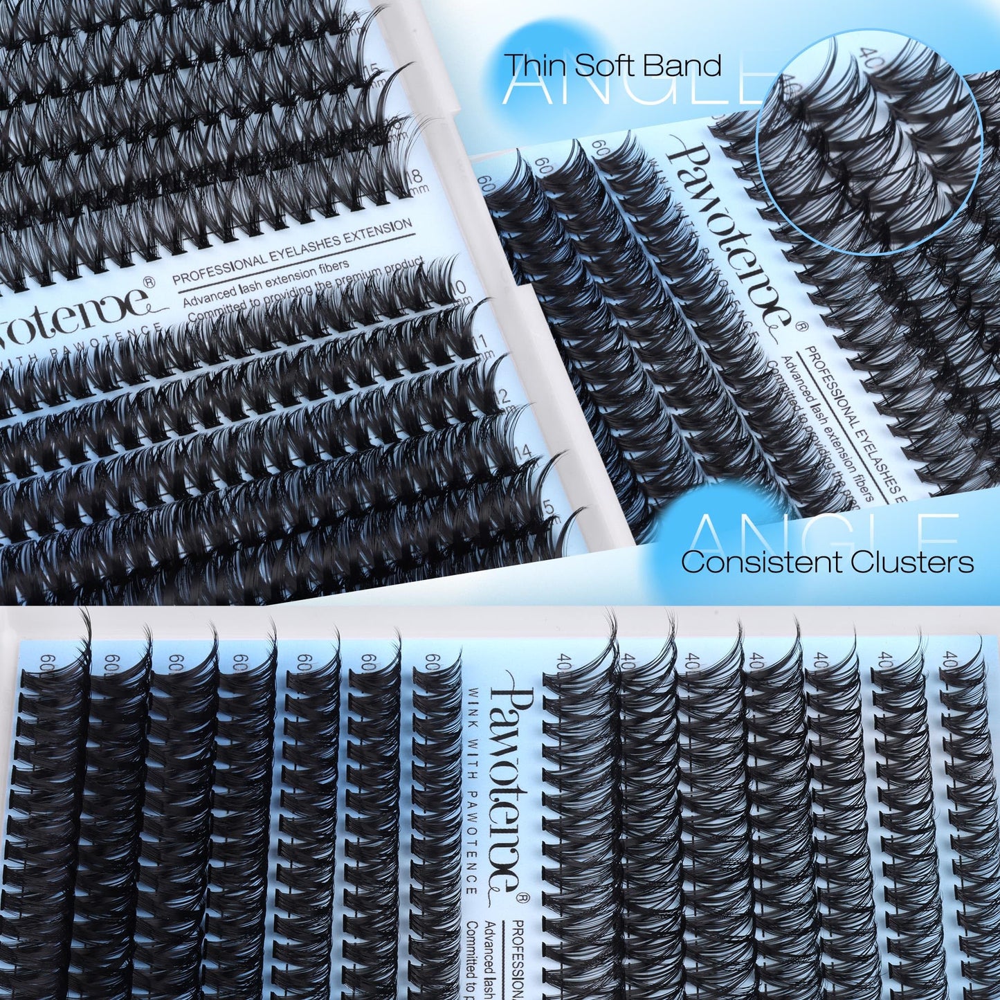Pawotence Lash Clusters Kit 40D 60D Lash Extension Kit 10-18mm Cluster Eyelash Extension Kit Individual Lashes 280pcs Eyelash Clusters with Lash Bond and Seal, Lash Tweezers for Self Use