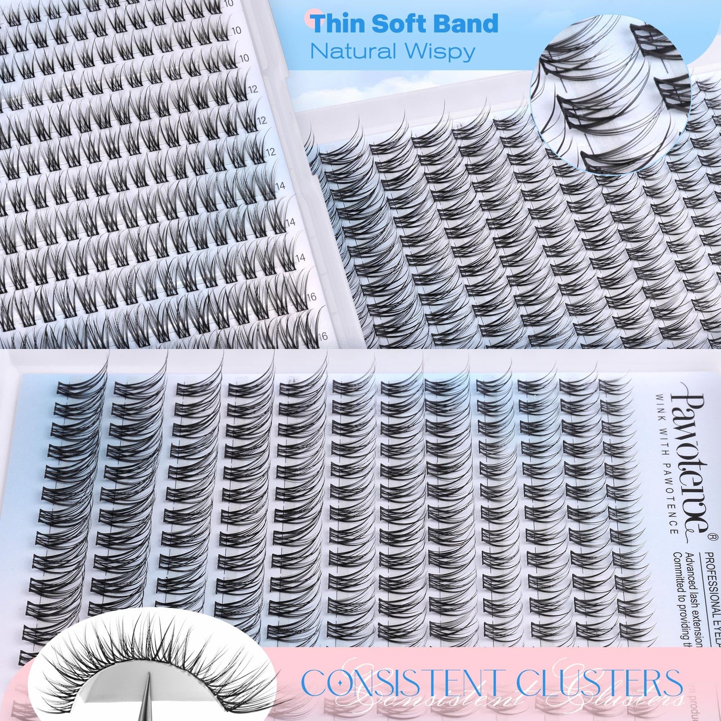 Pawotence Lash Clusters Kit Wispy Lash Extension Kit Natural 180pcs Cluster Eyelash Extensions Kit Individual Lashes 8-16mm Eyelash Clusters Kit with Lash Cluster Bond Seal and Lash Tweezers
