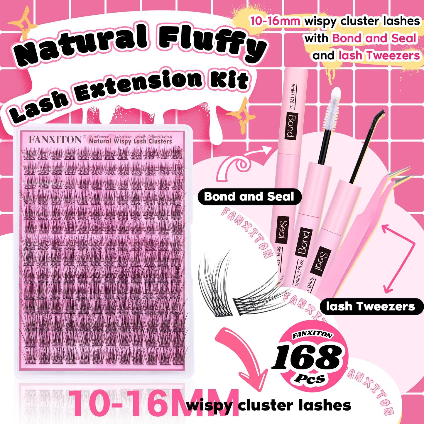 FANXITON Wispy DIY Lash Extension Kit Natural Lash Clusters C Individual Lashes Lash Clusters Kit Cluster Lashes Lash Bond and Seal and Lash Tweezers for Lash Clusters Kit DIY at Home