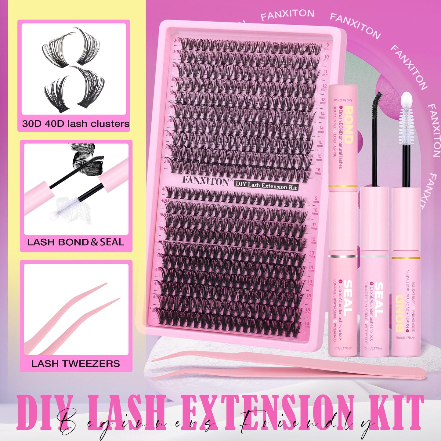 Natural Lash Cluster Kit Thick Eye Lash Clusters Natural Look 30D+40D D 8-16mm Lash Extension Kit Wispy Eyelash Clusters Volume Individual Lashes with Lash Bond and Seal and Tweezers
