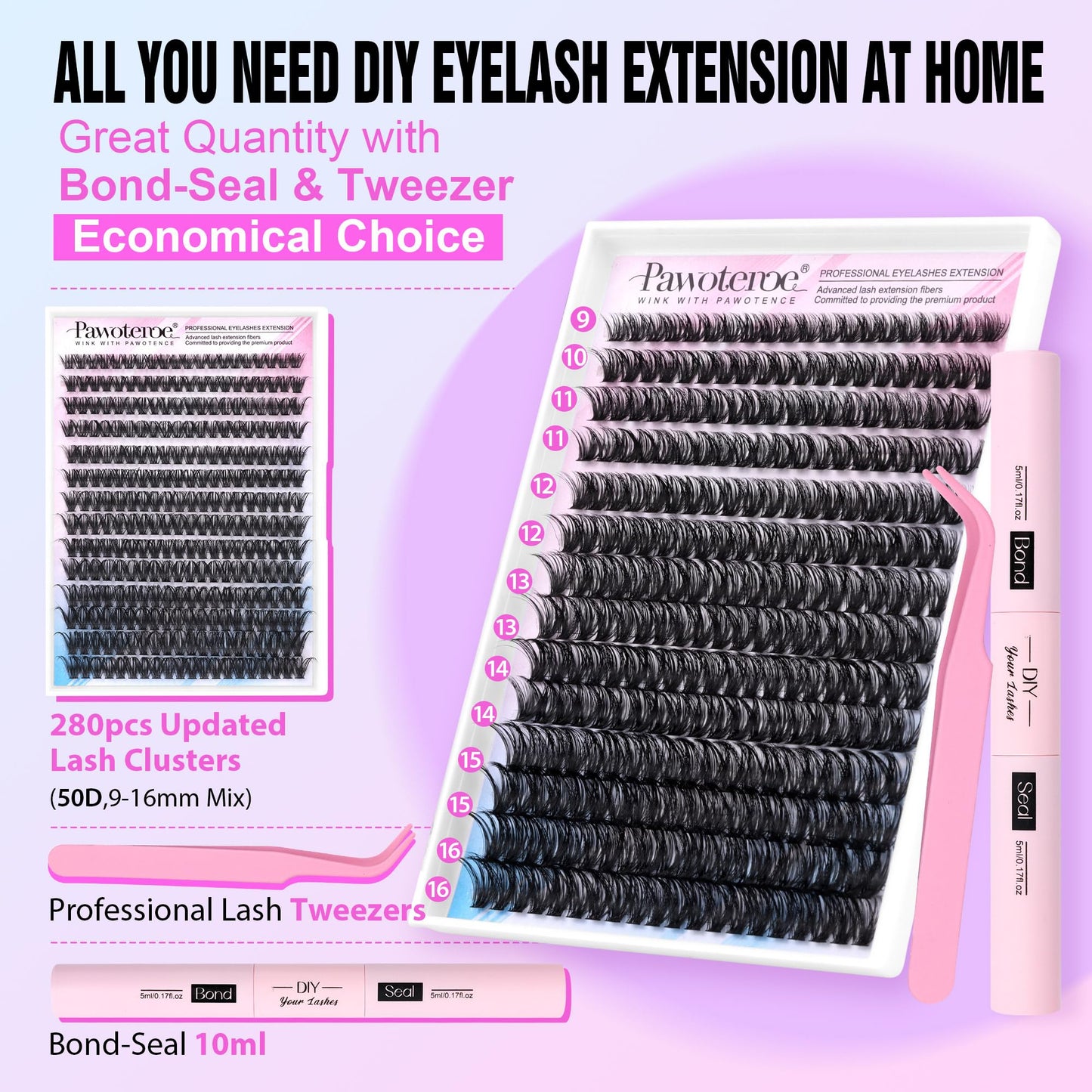 Pawotence Lash Extension Kit DIY 280pcs Individual Lash Clusters Kit 50D 9-16mm Cluster Eyelash Extensions Kit with Lash Bond and Seal, Lash Tweezers for Self Application (50D, 0.07D, 9-16mm, Kit)