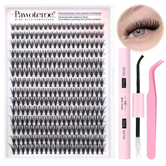 Pawotence Lash Extension Kit DIY 280pcs Individual Lash Clusters Kit 30D Natural 8-15mm Cluster Eyelash Extensions Kit with Lash Bond and Seal, Lash Tweezers for Self Use (30D, 0.07D, 8-15mm, Kit)
