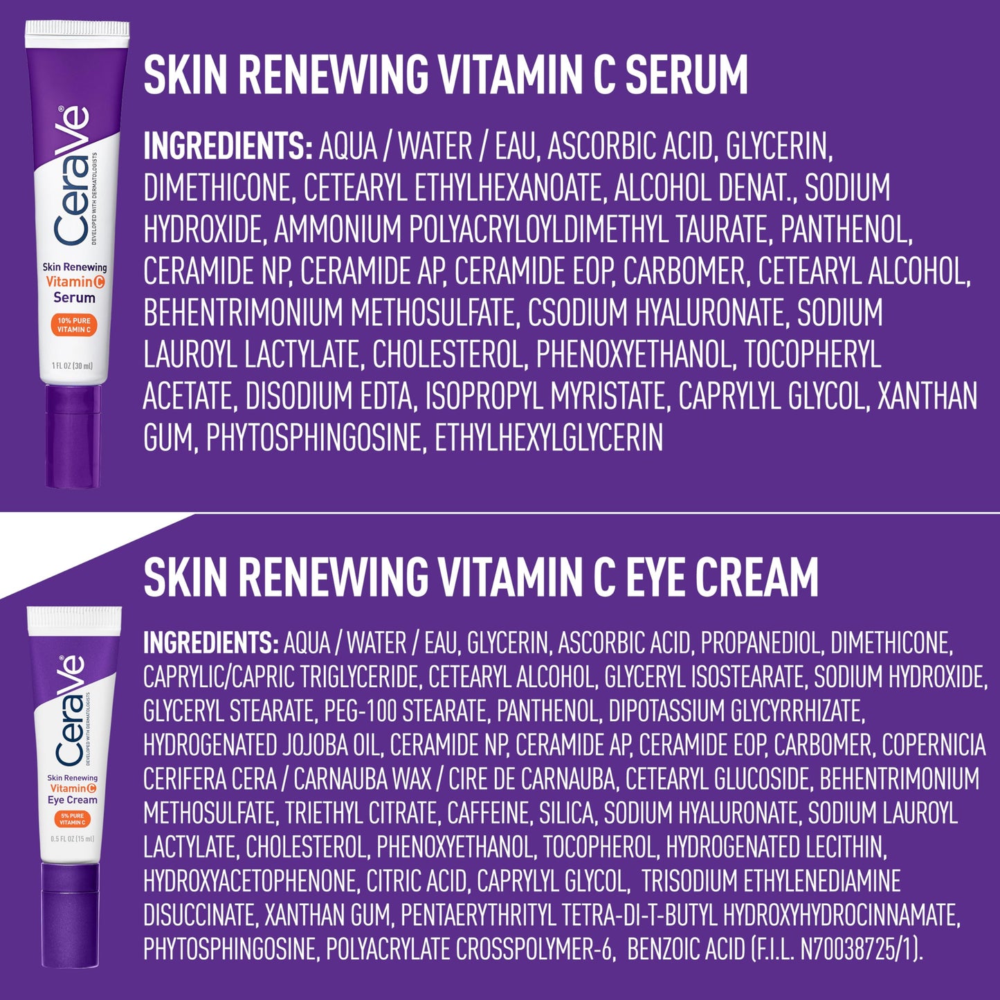 CeraVe Vitamin C Serum & Vitamin C Eye Cream Skin Care Set | Skin Brightening Serum with Hyaluronic Acid for Face & Under Eye Cream with Caffeine for Dark Circles and Puffiness