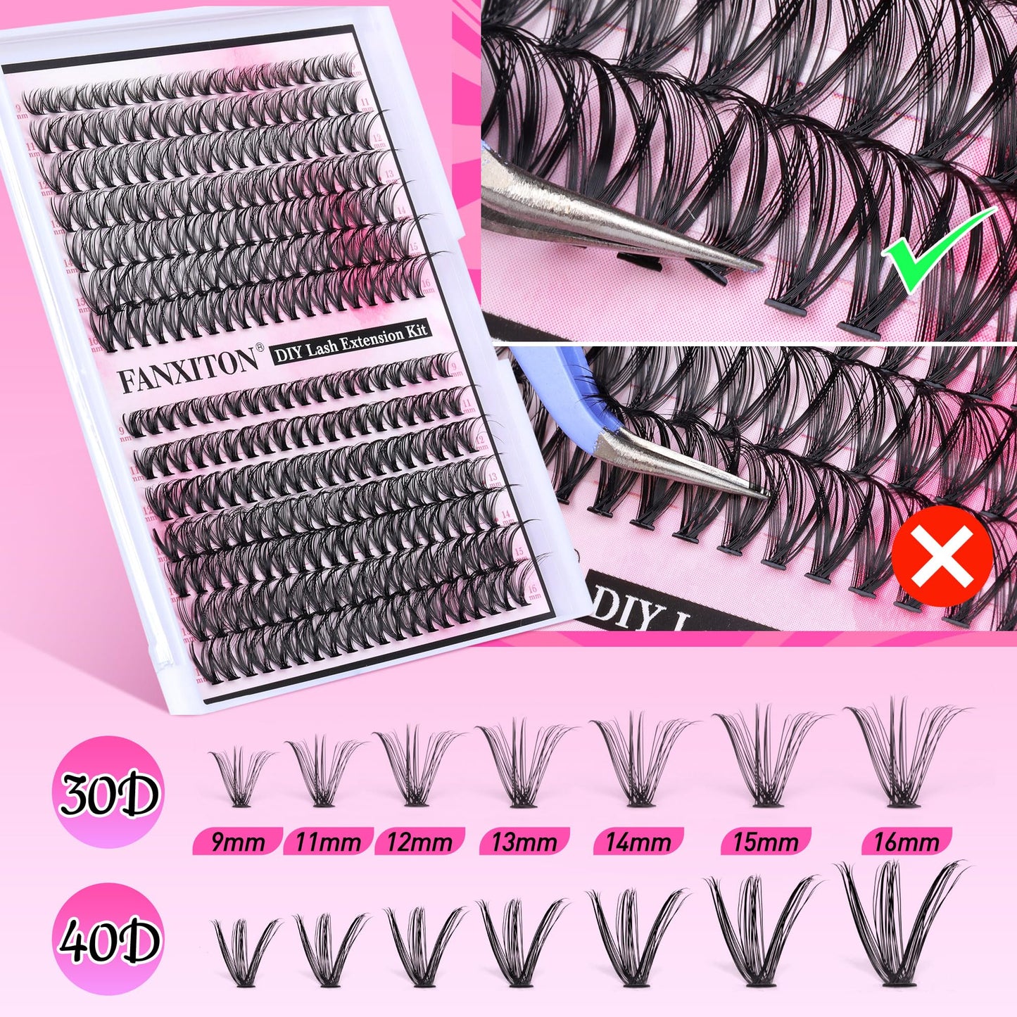 DIY Lash Extension Kit Natural Lash Clusters 30D+40D Mix 9-16 mm D lndividual Lashes Lash Remover 280 pcs Wispy Eyelash Extension Kit with Lash Bond and Seal and Lash Tweezers by FANXITON