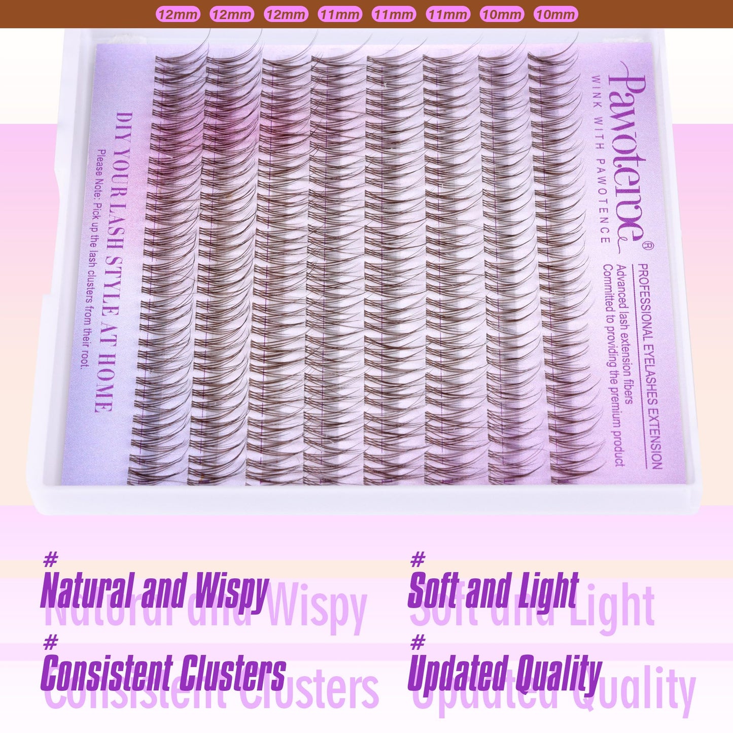 Pawotence Brown Lash Extension Kit Lash Clusters Wispy clear Band 10-12mm Individual Lashes Natural Brown Clusters Eyelash Extension Kit with Lash Bond and Seal, Lash Applicator for Self Use