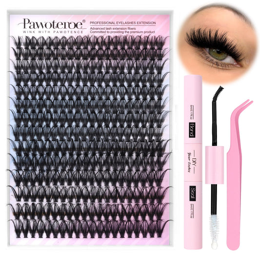 Pawotence Lash Extension Kit DIY 40D 12-18mm Individual Lashes Clusters Kit 280pcs Cluster Eyelash Extensions Kit with Lash Bond and Seal, Tweezers for Self Application (Long 40D, 12-18mm, Kit)