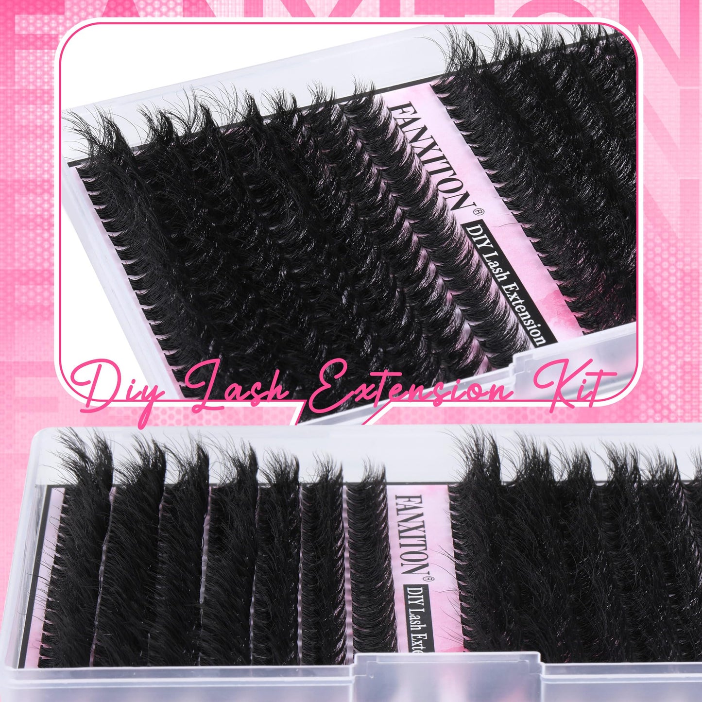 FANXITON Lash Clusters with Lash Bond and Seal Sweatproof, 10-18 mm D Volume Lash Extension Kit 280 pcs Individual Lashes Lash Clusters Kit and Tweezers Thick DIY Eyelash Extension Kit