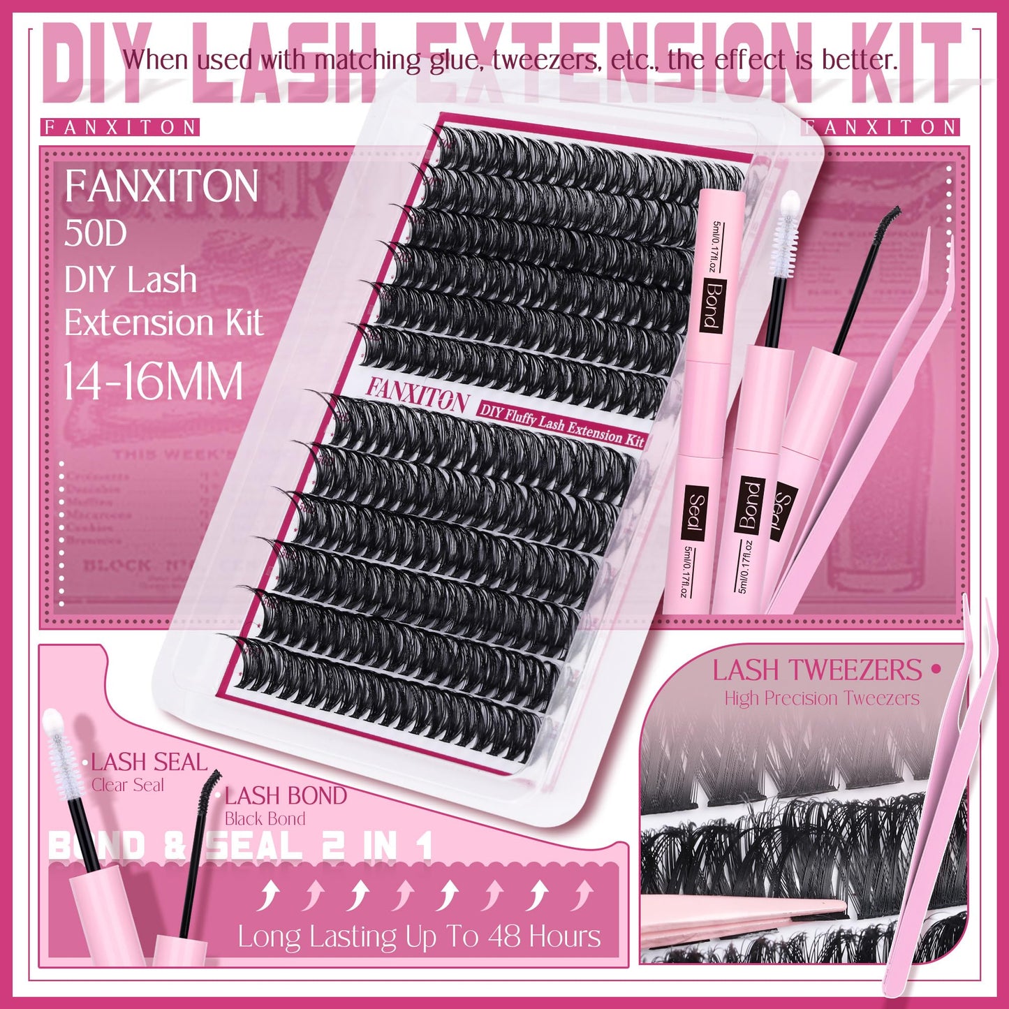 FANXITON Cluster Lashes 50D Lash Clusters D Natural Eyelashes Extensions 14-16mm Mix Individual Lashes Thin Band Lash Bond and Seal Tweezers Eyelashes Cluster for DIY Lash Extension