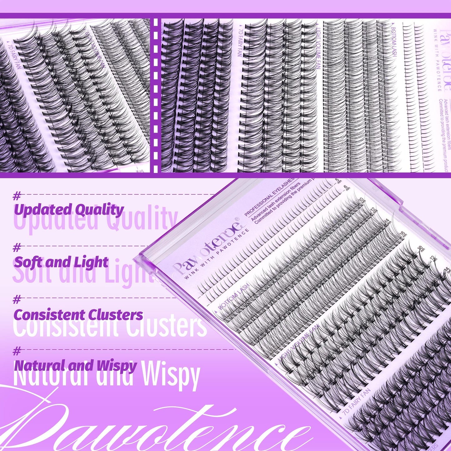 Pawotence Lash Extension Kit Lash Clusters Multi-types Individual Lashes Natural Bottom, Light Volume, 20D 30D Clusters Eyelash Extension Kit with Lash Bond and Seal, Lash Applicator for Self Use