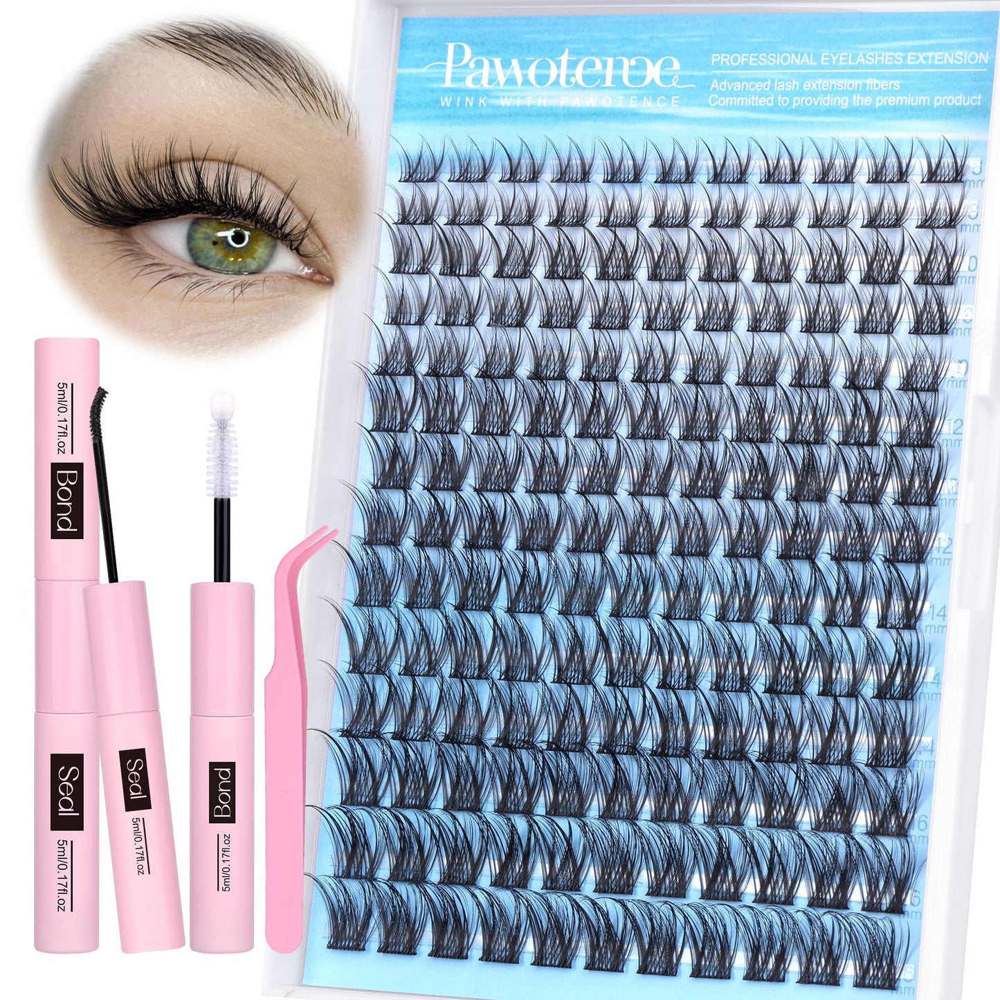 Pawotence Lash Clusters Kit Wispy Lash Extension Kit 8-16mm Natural Cluster Eyelash Extension Kit Individual Lashes 154pcs Eyelash Clusters with Lash Bond and Seal, Lash Tweezers for Self Use