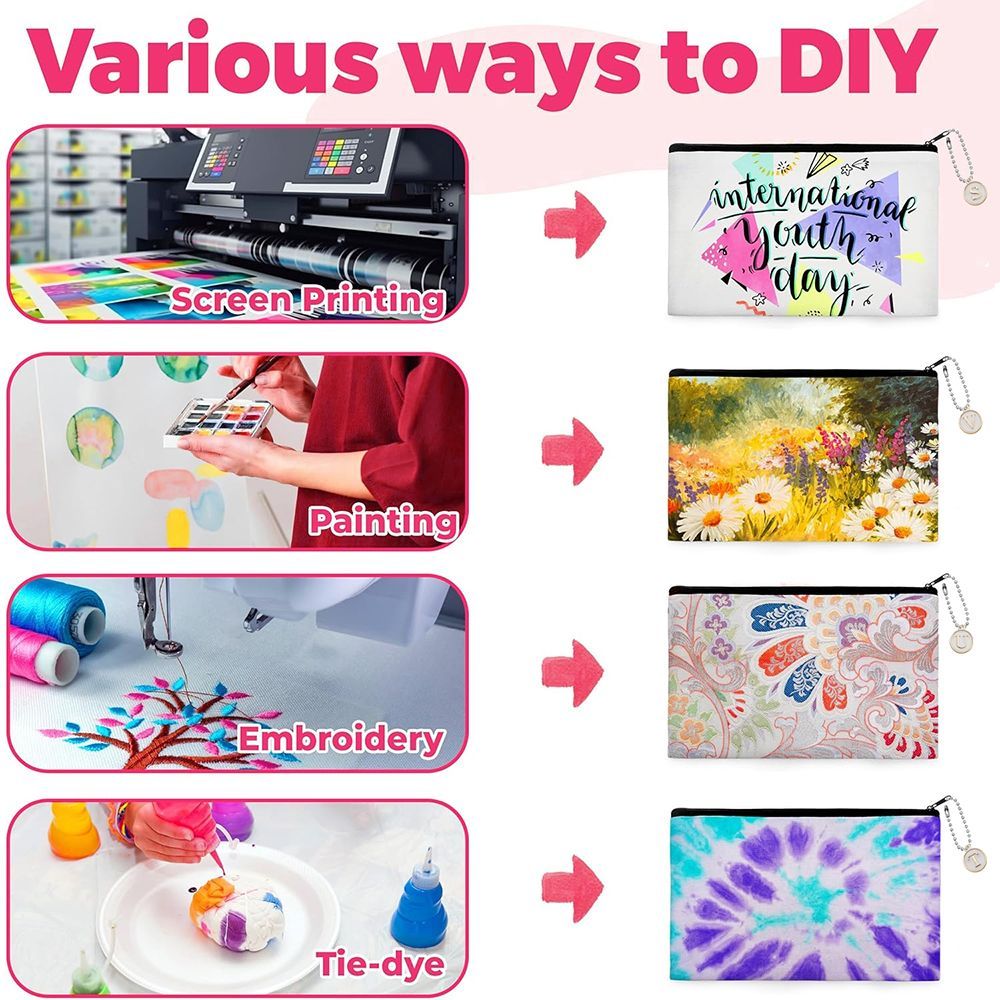 12 Pcs Paintable Blank Canvas Pouch With 26 Pcs Letter Charms And 10 Pcs Chain Multi-purpose Cosmetic Bag With Zipper Makeup Bages For DIY Craft Travel Organized