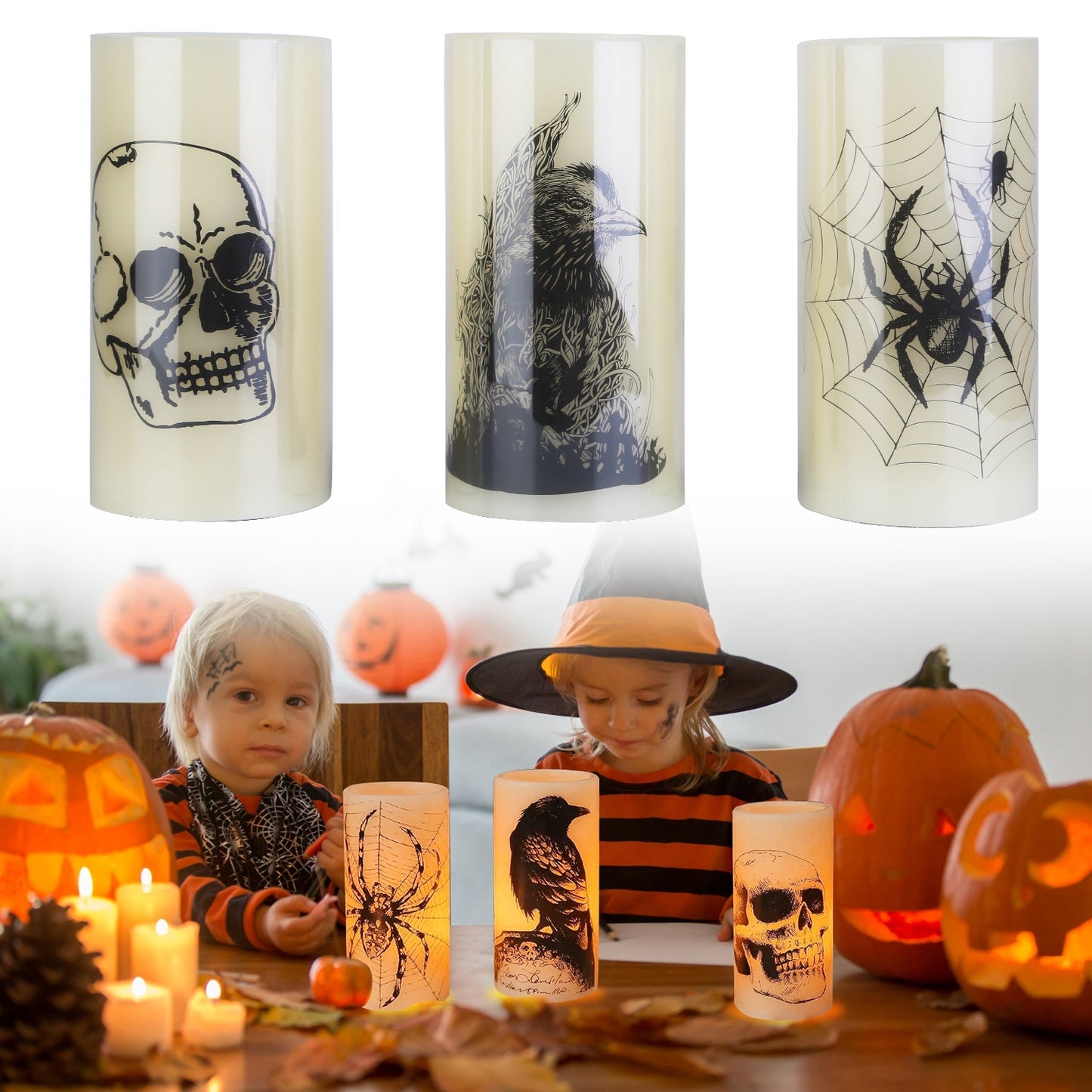 3 Pack Halloween Flameless Candle Lamp With Timer Setting Battery Operated Warm Orange Light Candles For Halloween Party Decoration